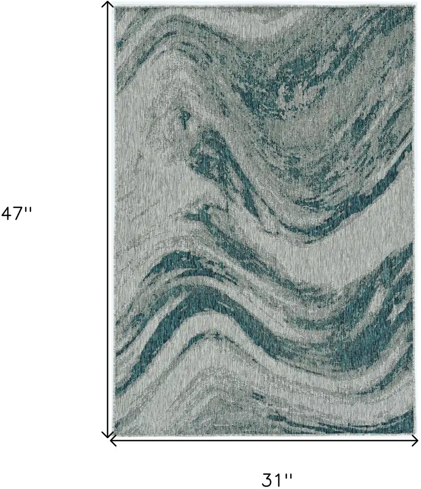 3'X4' Grey Teal Machine Woven Uv Treated Abstract Waves Indoor Outdoor Accent Rug Photo 3