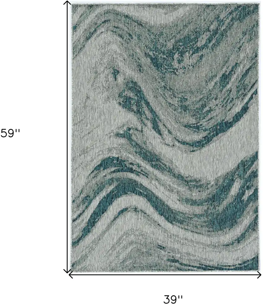 3'X5' Grey Teal Machine Woven Uv Treated Abstract Waves Indoor Outdoor Area Rug Photo 3