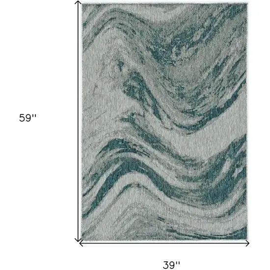 3'X5' Grey Teal Machine Woven Uv Treated Abstract Waves Indoor Outdoor Area Rug Photo 3