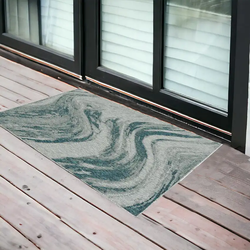 3'X5' Grey Teal Machine Woven Uv Treated Abstract Waves Indoor Outdoor Area Rug Photo 1