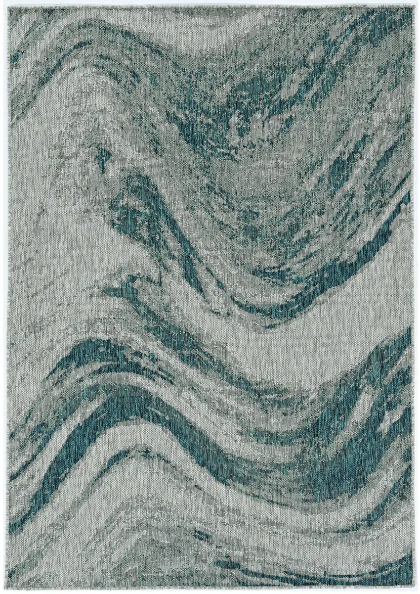 3'X5' Grey Teal Machine Woven Uv Treated Abstract Waves Indoor Outdoor Area Rug Photo 2