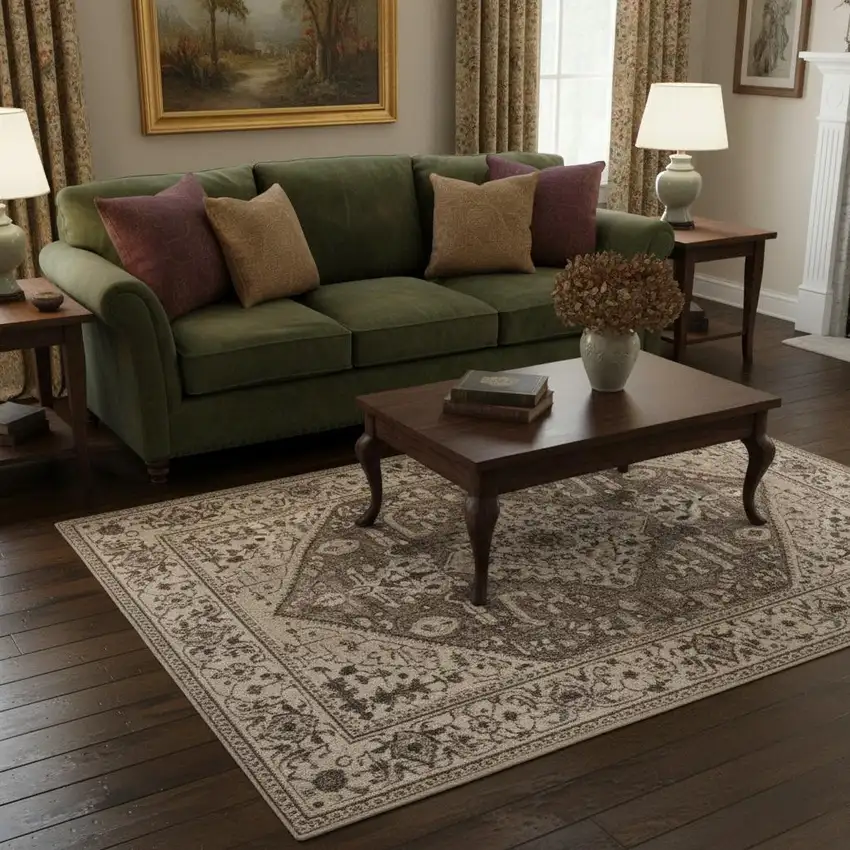 Gray Brown And Teal Floral Medallion Area Rug Photo 3