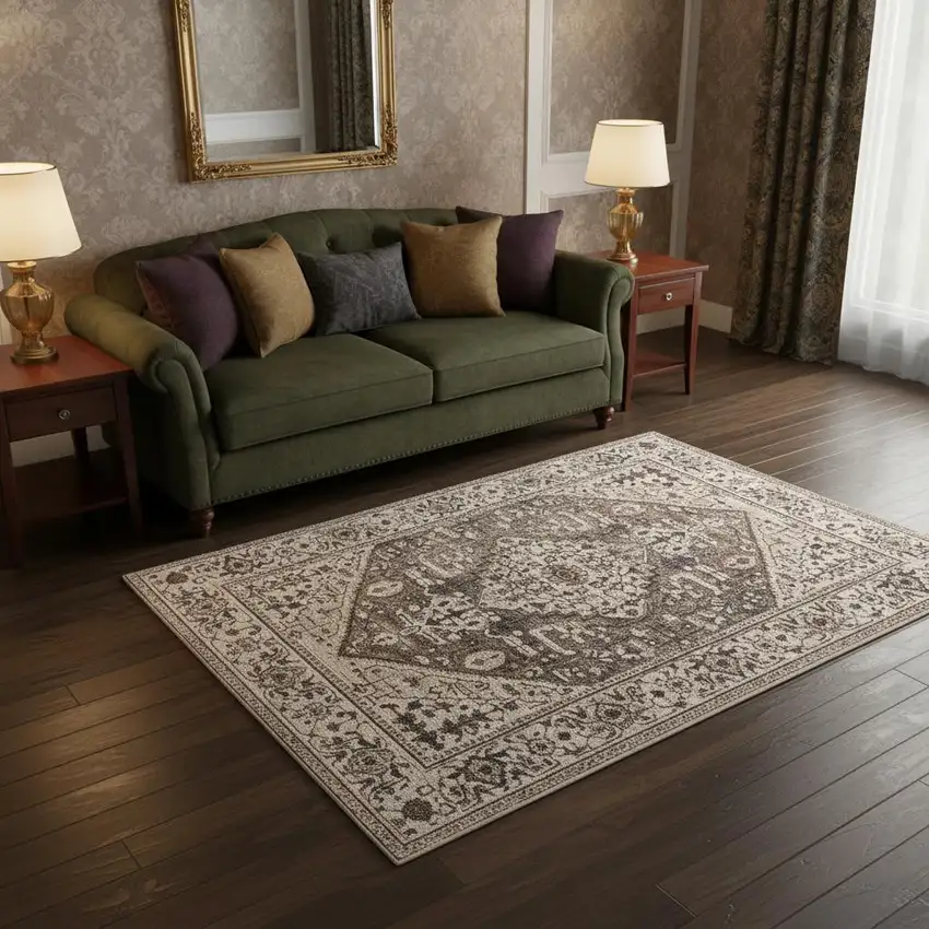 Gray Brown And Teal Floral Medallion Area Rug Photo 1