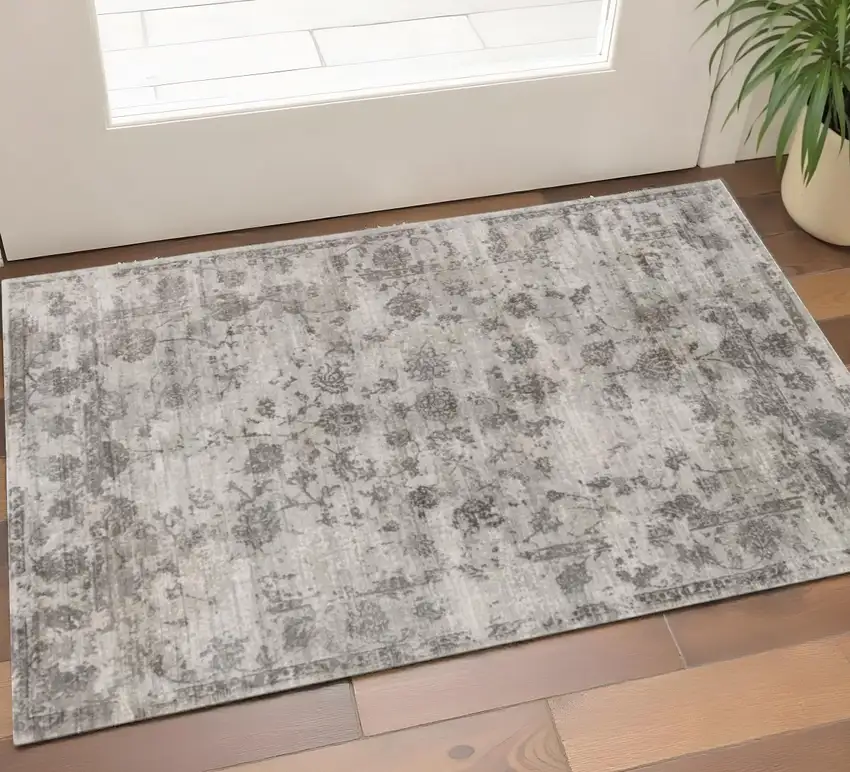 Beige And Blue Floral Medallion Hand Loomed Distressed Area Rug Photo 1