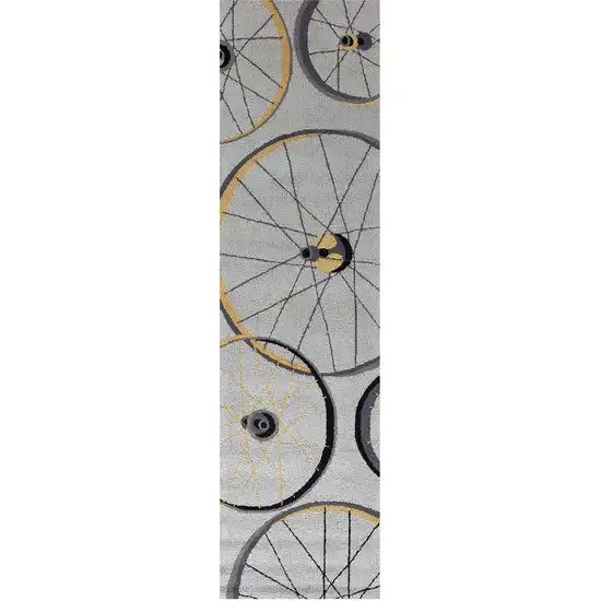 7' Gray Black And Yellow Abstract Geometric Hand Tufted Runner Rug Photo 2