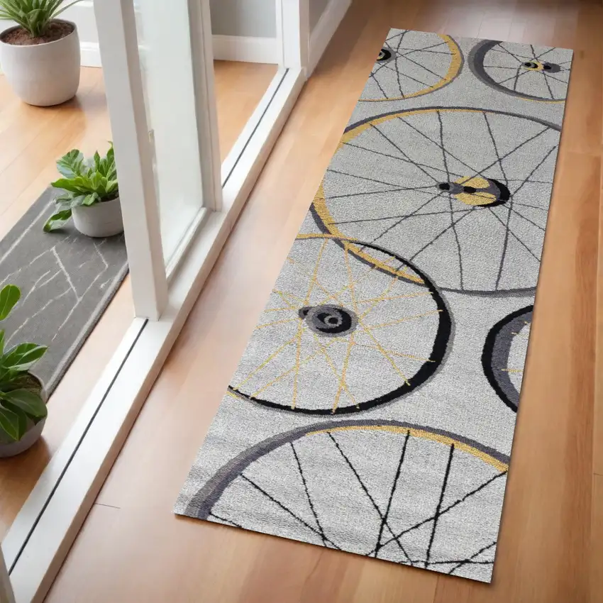 7' Gray Black And Yellow Abstract Geometric Hand Tufted Runner Rug Photo 1