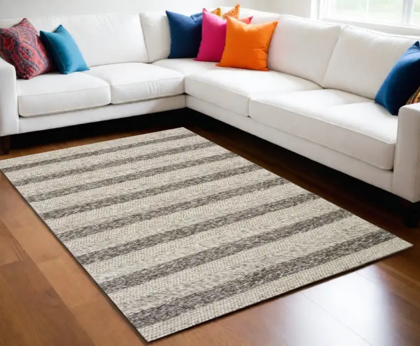 Grey White Hand Woven Knobby Stripes Indoor Area Rug Photo 2