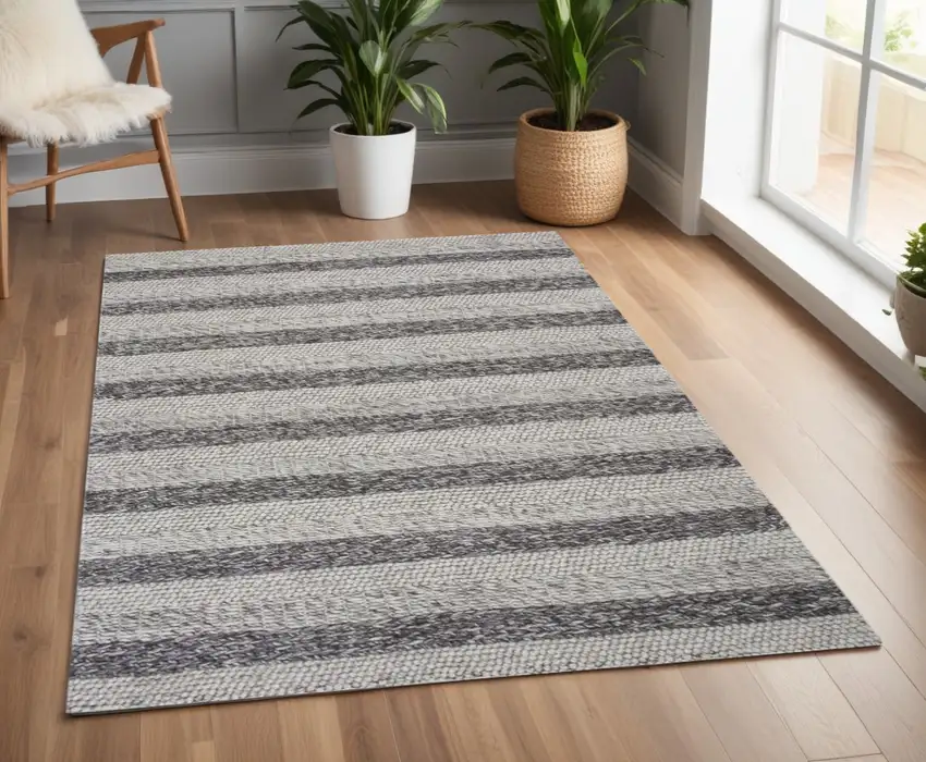 Grey White Hand Woven Knobby Stripes Indoor Area Rug Photo 1