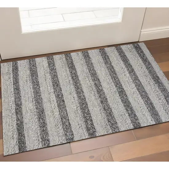 Brown Gray And Ivory New Zealand Lambs Wool Striped Hand Woven Area Rug Photo 1