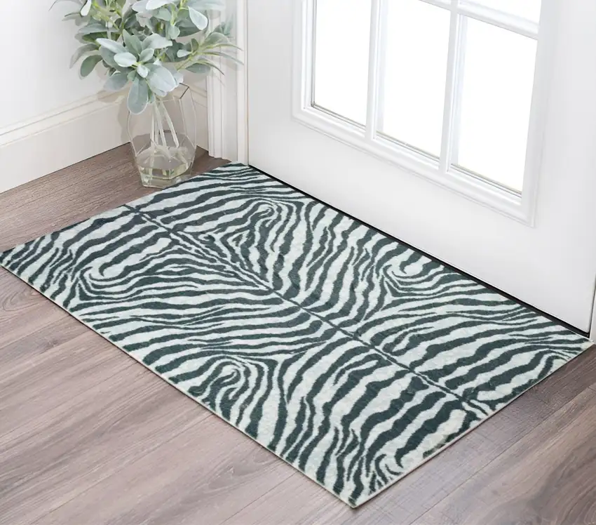 Grey Zebra Print Shag Handmade Non Skid Area Rug Photo 1