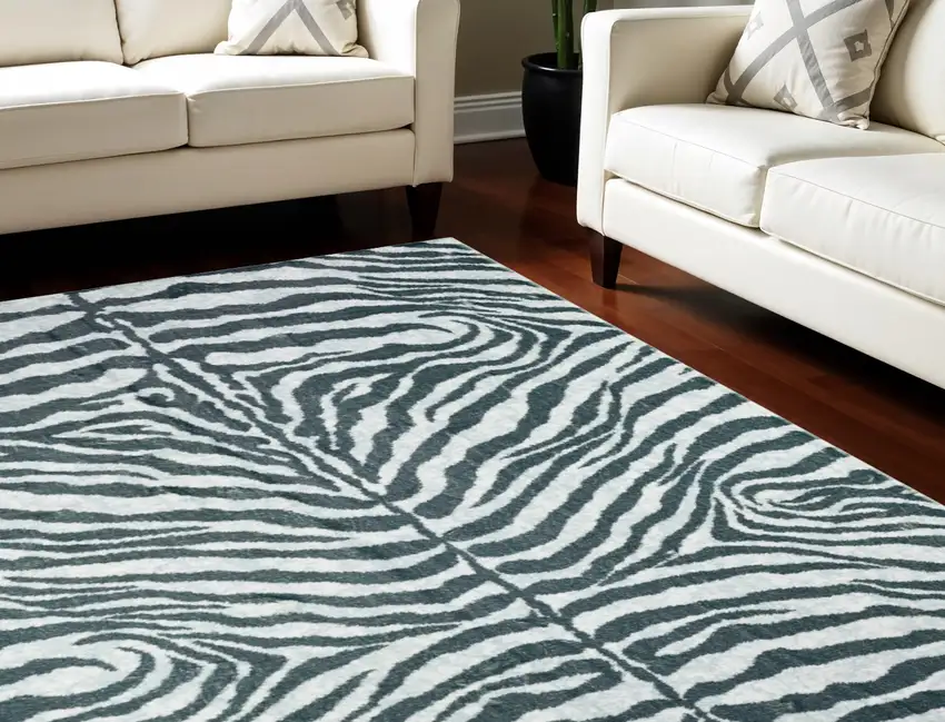 Grey Zebra Print Shag Handmade Non Skid Area Rug Photo 1