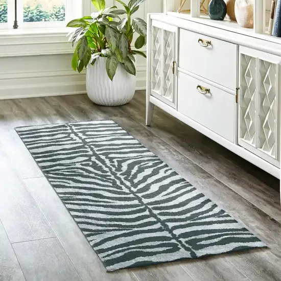Grey Zebra Print Shag Handmade Non Skid Runner Rug Photo 1