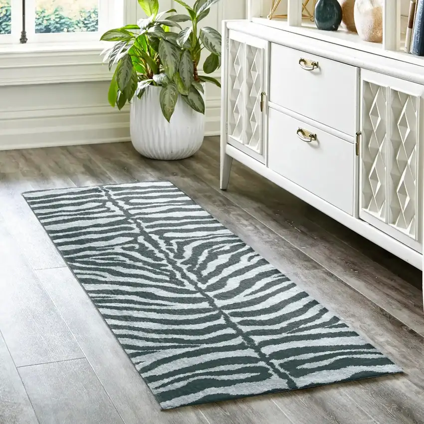 Grey Zebra Print Shag Handmade Non Skid Runner Rug Photo 1