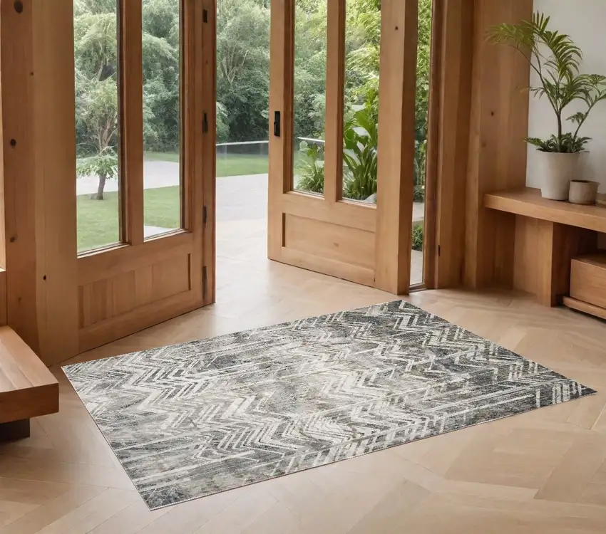 Grey Zigzag Pattern Viscose Area Rug Photo 1