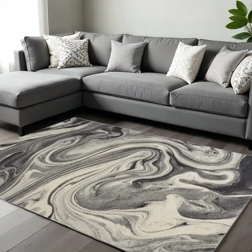 Ivory Black And Gray Abstract Shag Area Rug Photo 1