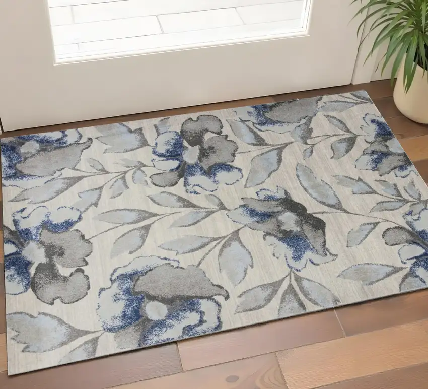 Ivory Blue And Gray Floral Vines Area Rug Photo 1