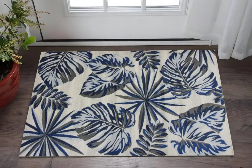 Blue and Gray Botanical Leaves Area Rug Photo 1