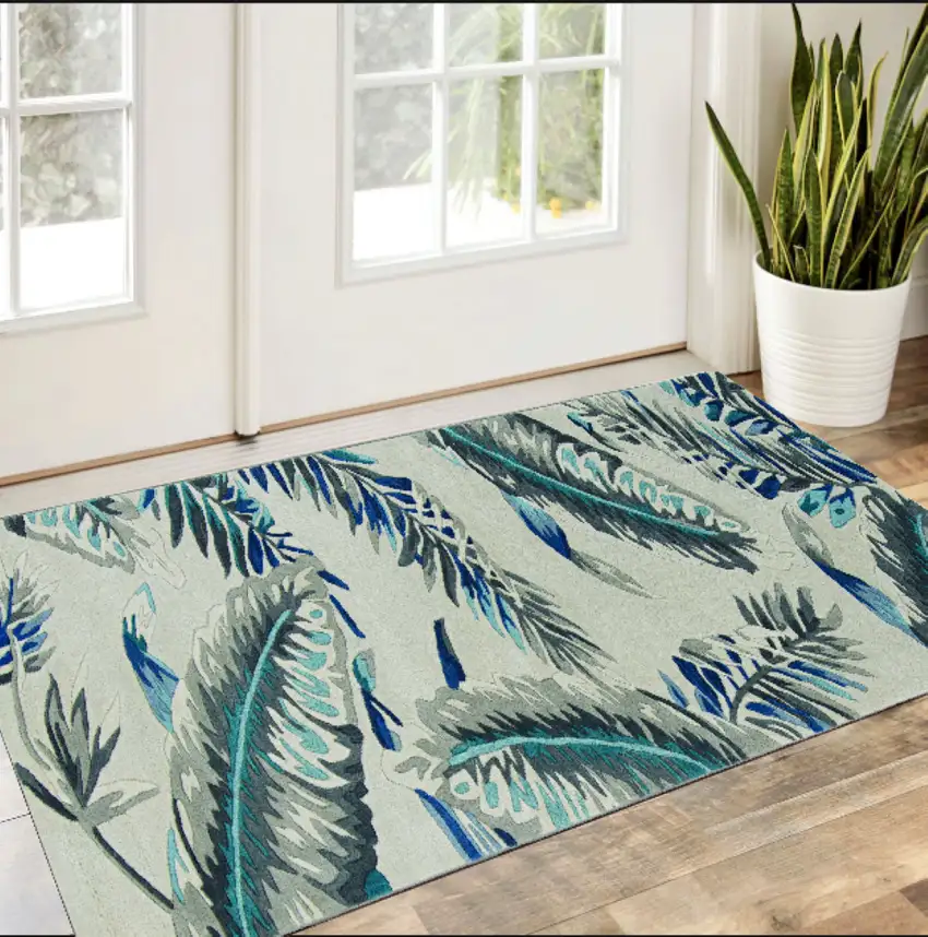 Grey Or Blue Tropical Leaves Wool Area Rug Photo 6