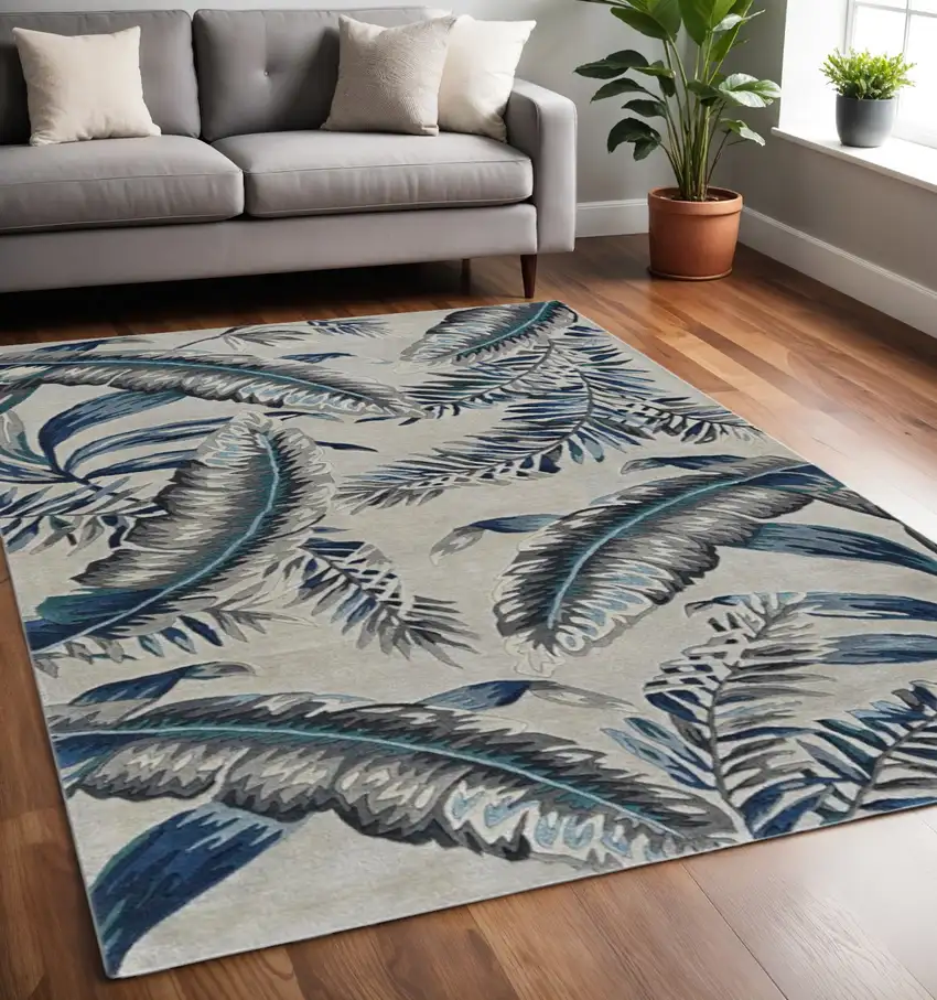 Blue and Gray Wool Botanical Leaves Hand Tufted Area Rug Photo 2