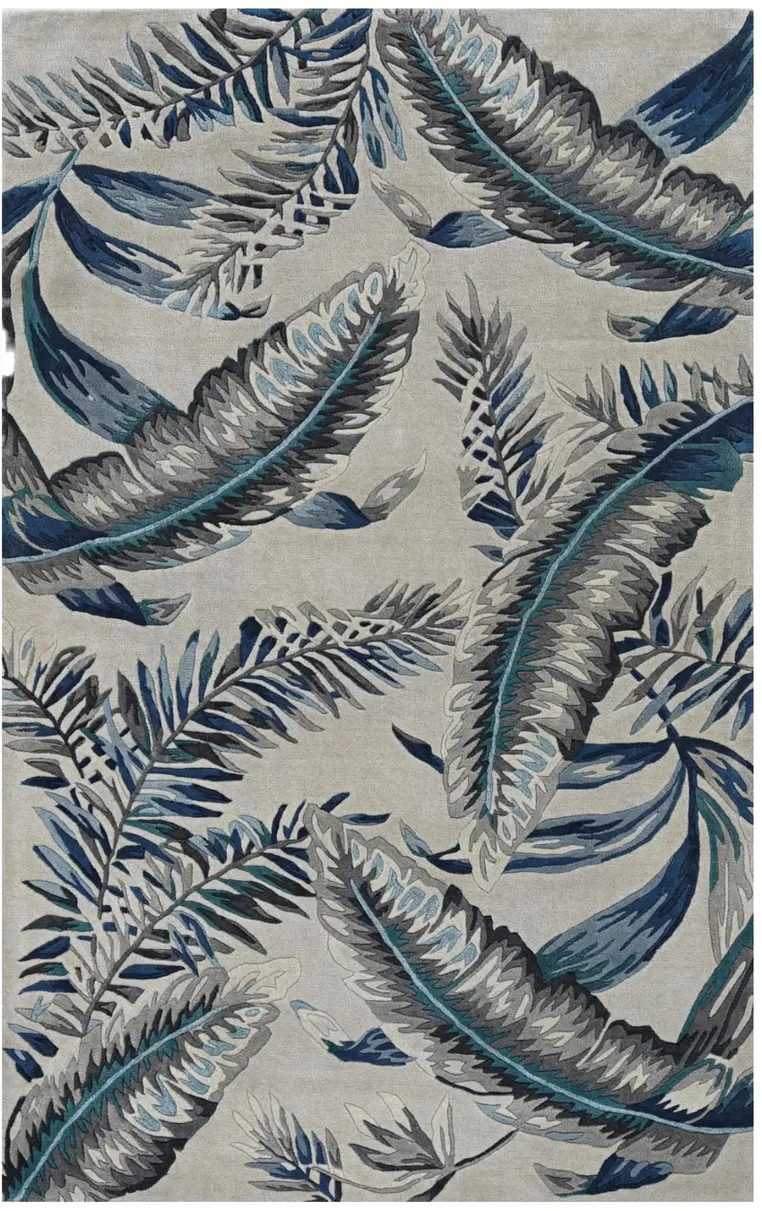 Blue and Gray Wool Botanical Leaves Hand Tufted Area Rug Photo 6