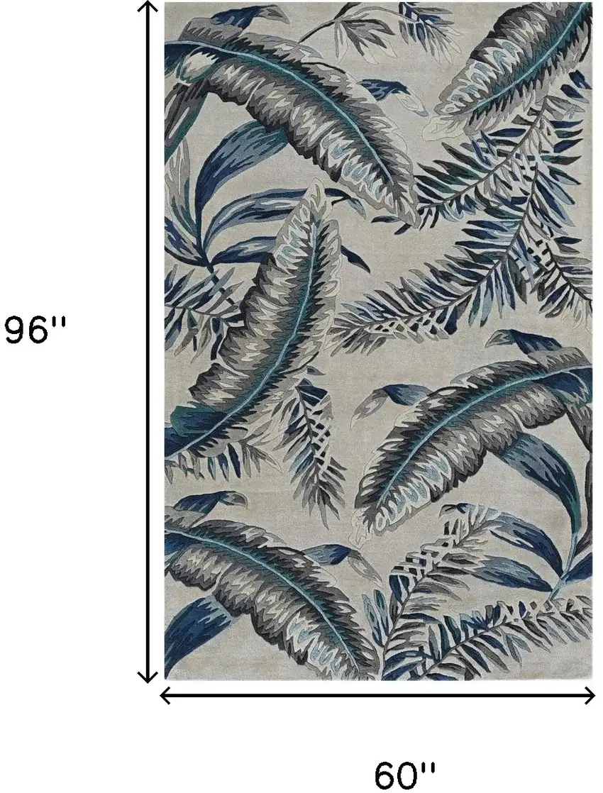 Blue and Gray Wool Botanical Leaves Hand Tufted Area Rug Photo 3