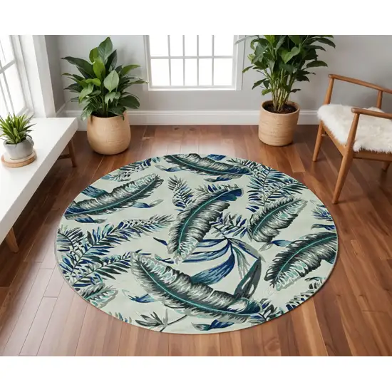 8' Blue And Gray Wool Botanical Leaves Hand Tufted Round Rug Photo 1