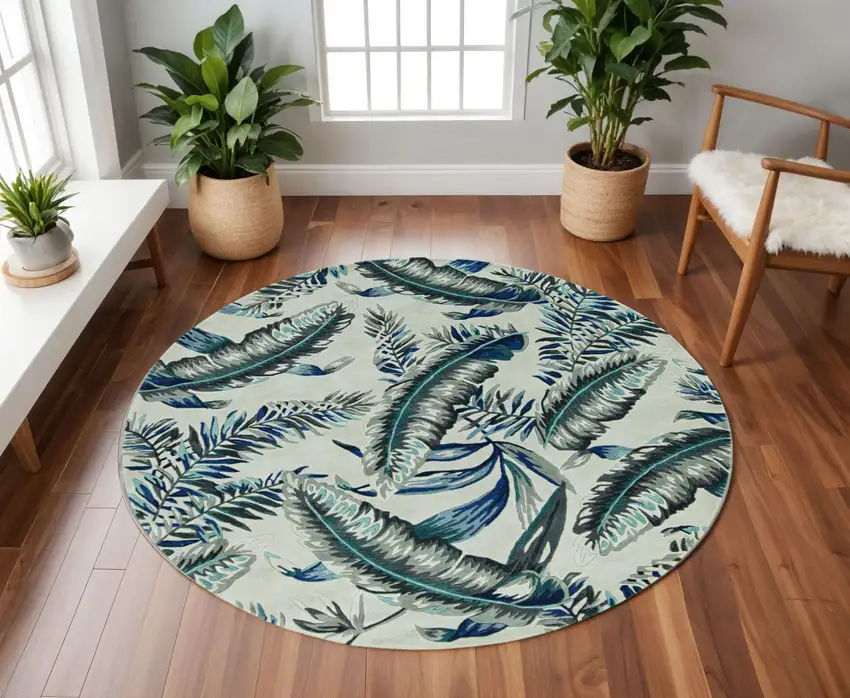 8' Blue And Gray Wool Botanical Leaves Hand Tufted Round Rug Photo 1