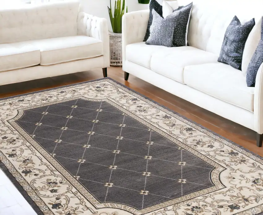 Grey Or Ivory Diamond Floral Bordered Indoor Area Rug Photo 2