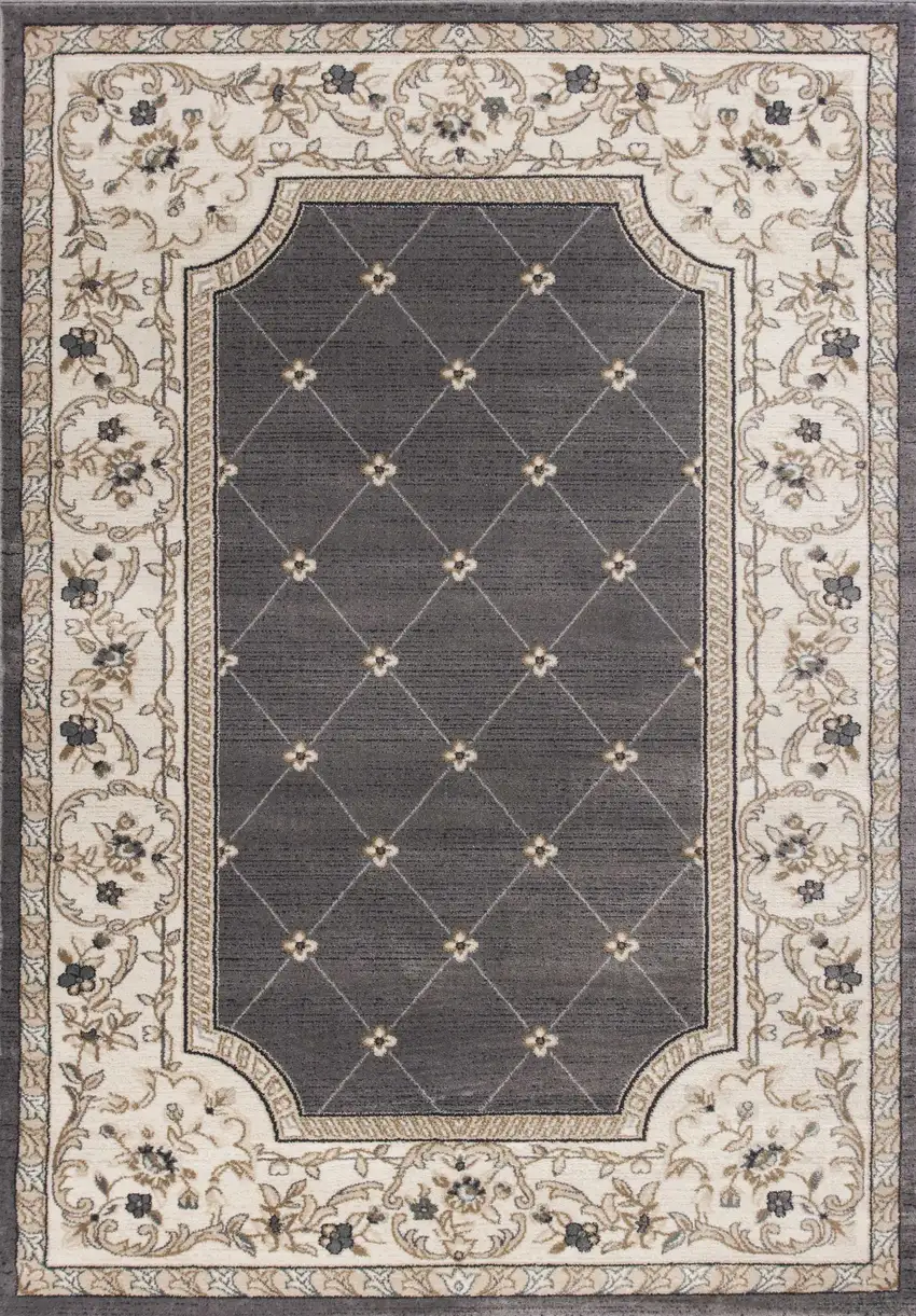 Grey or Ivory Diamond Floral Bordered Indoor Area Rug Photo 1