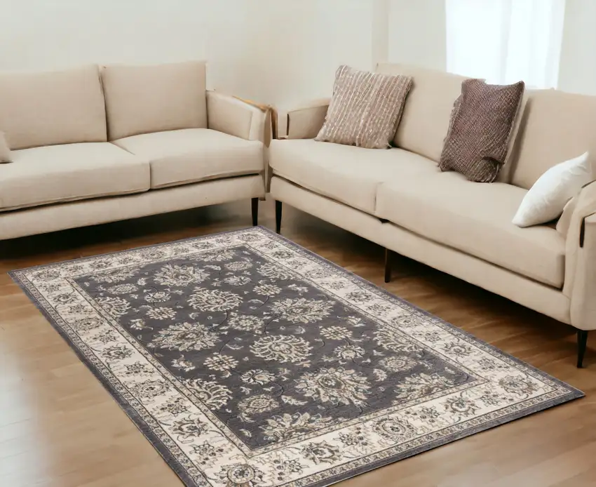 Grey Or Ivory Floral Vines Bordered Area Rug Photo 1