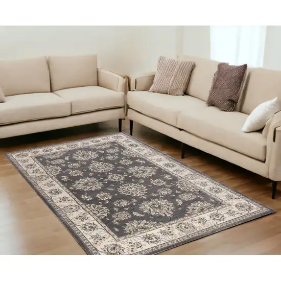Grey Or Ivory Floral Vines Bordered Area Rug Photo 1