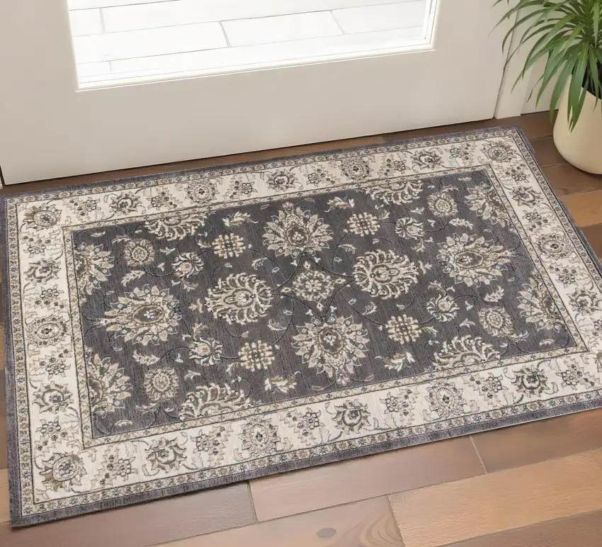 Gray And Ivory Floral Medallion Area Rug Photo 1