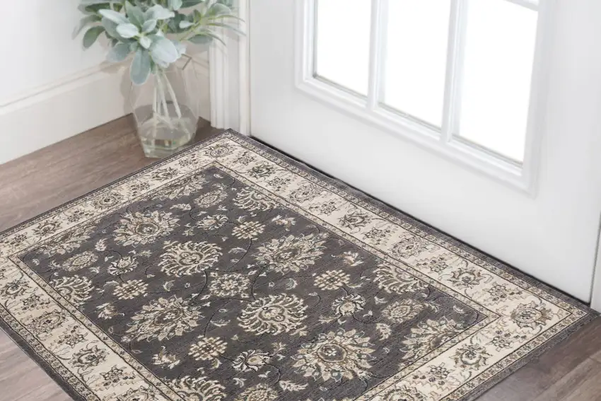 Gray and Ivory Floral Area Rug Photo 1