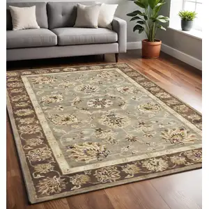 Photo of Grey or Mocha  Floral Bordered Wool Indoor Area Rug