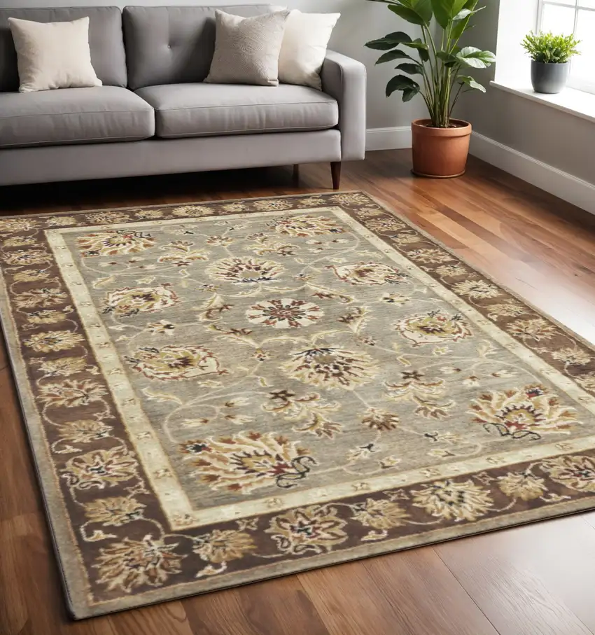 Gray Brown And Ivory New Zealand Lambs Wool Floral Medallion Hand Tufted Area Rug Photo 1