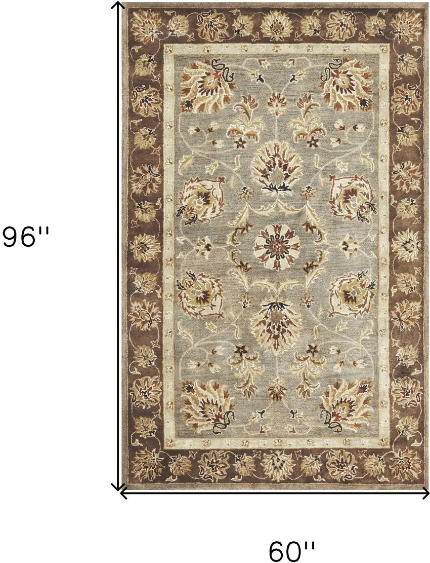 Grey Or Mocha  Floral Bordered Wool Indoor Area Rug Photo 3