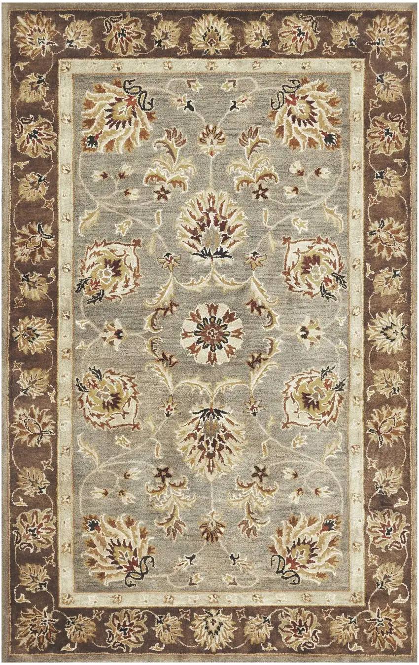 Grey Or Mocha  Floral Bordered Wool Indoor Area Rug Photo 2