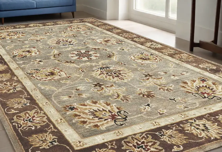 Grey Or Mocha  Floral Bordered Wool Indoor Area Rug Photo 1