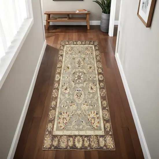 7' Gray Brown And Ivory Wool Floral Medallion Hand Tufted Runner Rug Photo 1