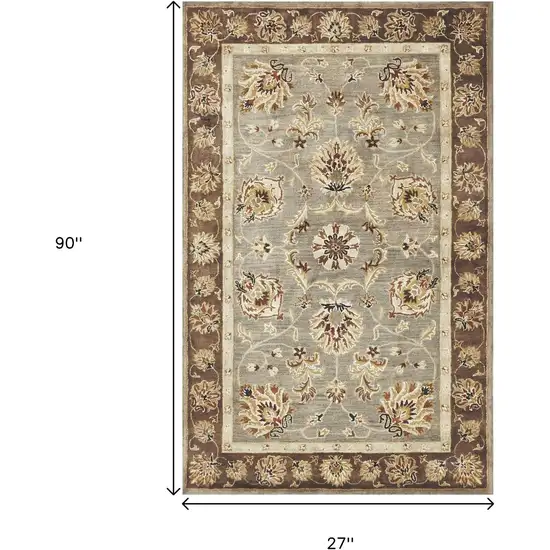 7' Gray Brown And Ivory Wool Floral Medallion Hand Tufted Runner Rug Photo 3