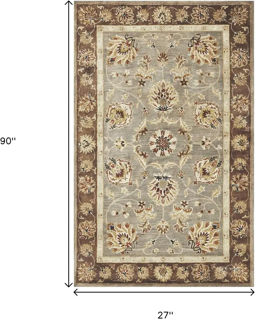 7' Gray Brown And Ivory Wool Floral Medallion Hand Tufted Runner Rug Photo 3