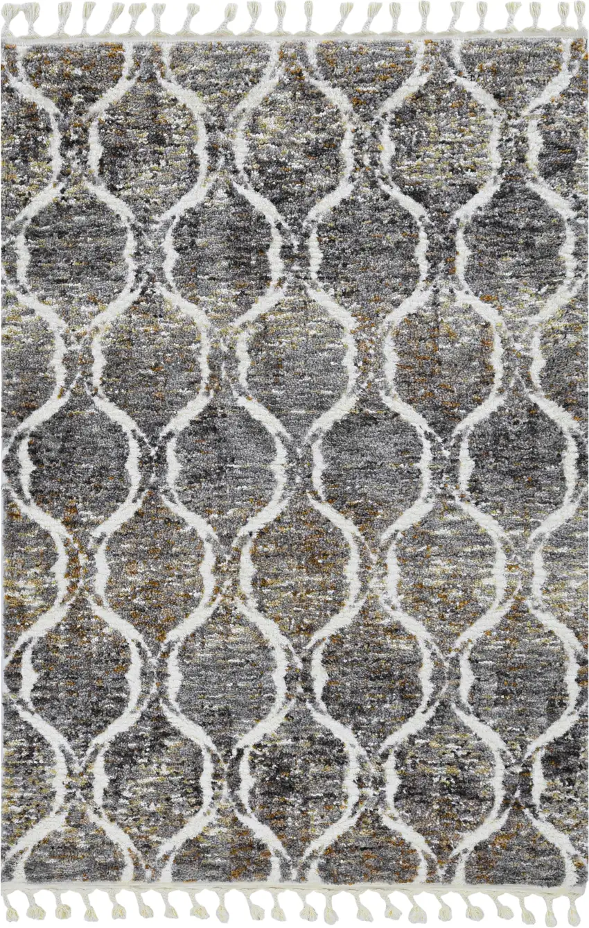Grey Or Sand Geometric Abstract Diamonds Indoor Area Rug With Fringe Photo 2