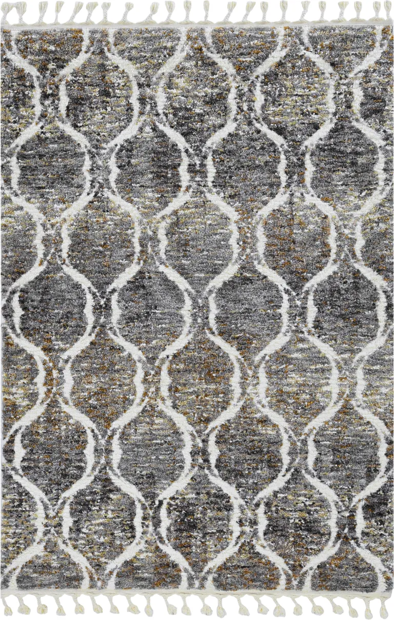 Grey or Sand Geometric Abstract Diamonds Indoor Area Rug with Fringe Photo 4
