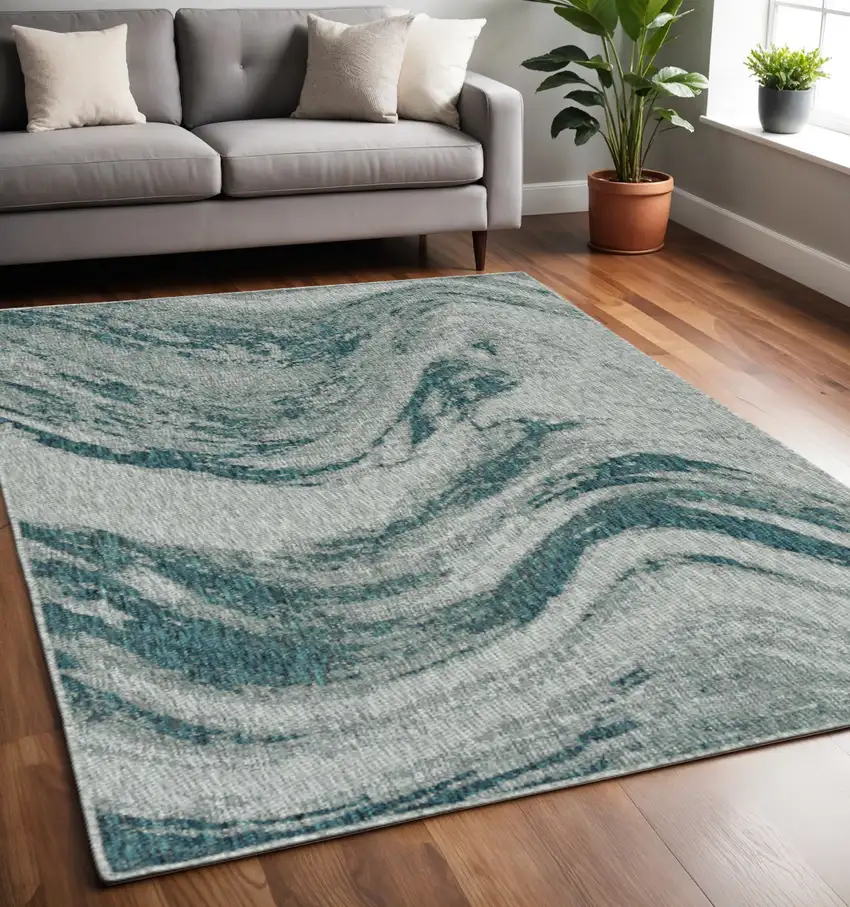 Grey Or Teal Abstract Waves Rug Photo 1