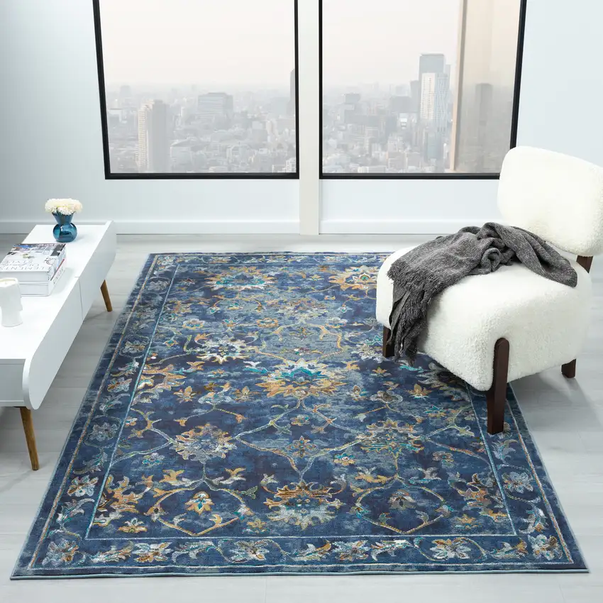 Indigo And Beige Floral Area Rug Photo 6
