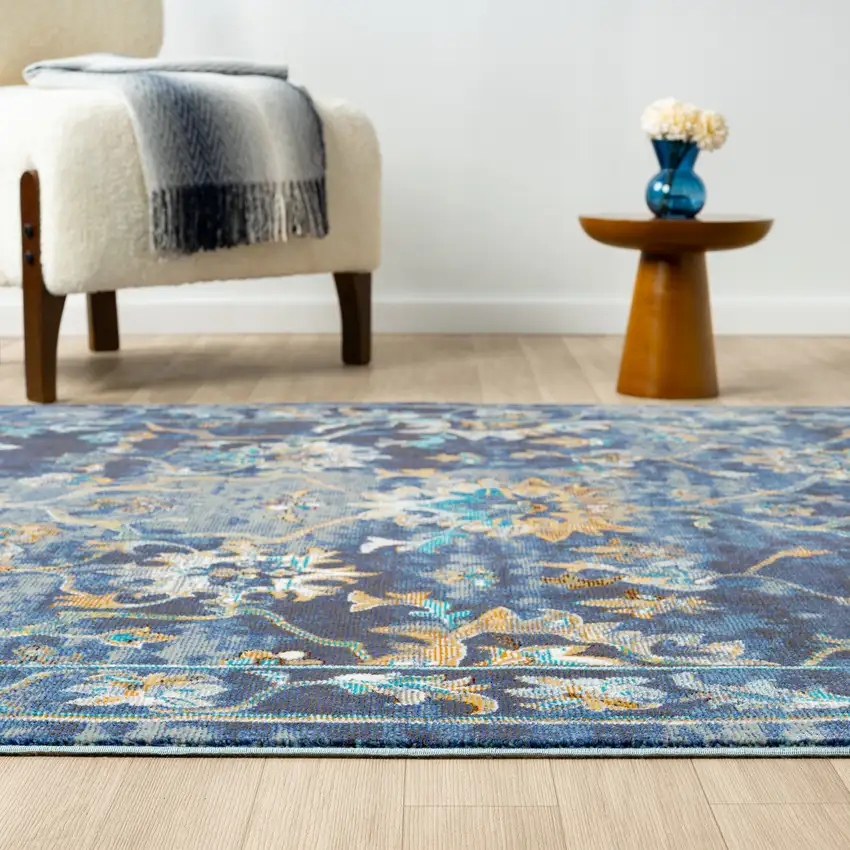 Indigo And Beige Floral Area Rug Photo 5
