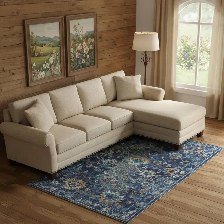 Indigo And Beige Floral Area Rug Photo 1