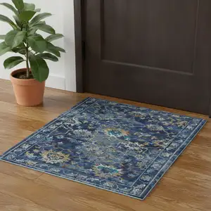 Photo of Indigo And Tan Floral Square Rug