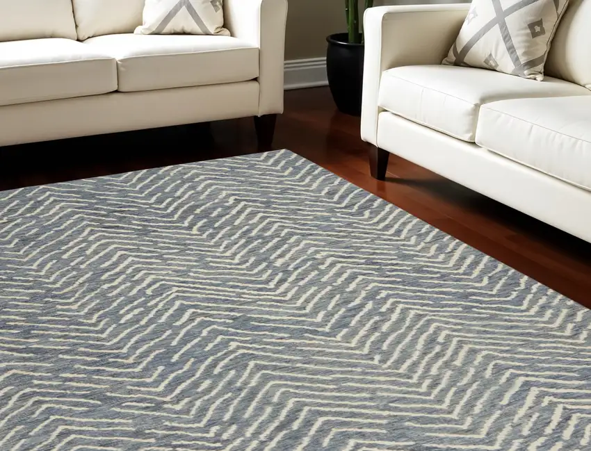Indigo and Ivory Wool Chevron Area Rug Photo 1