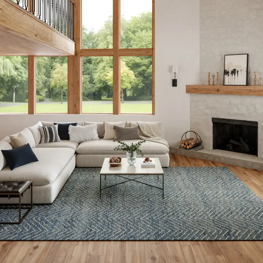 Indigo and Ivory Wool Chevron Area Rug Photo 3